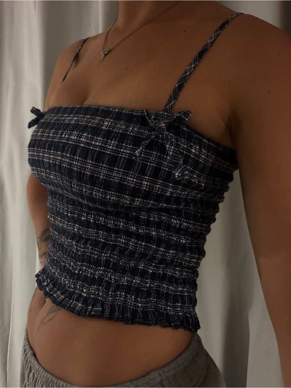 Navy Blue Plaid Fitted Bow Tank Top